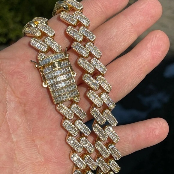 Men's Miami Cuban Link Chain Baguette Iced CZ 14k Gold Plated - Picture 4 of 5